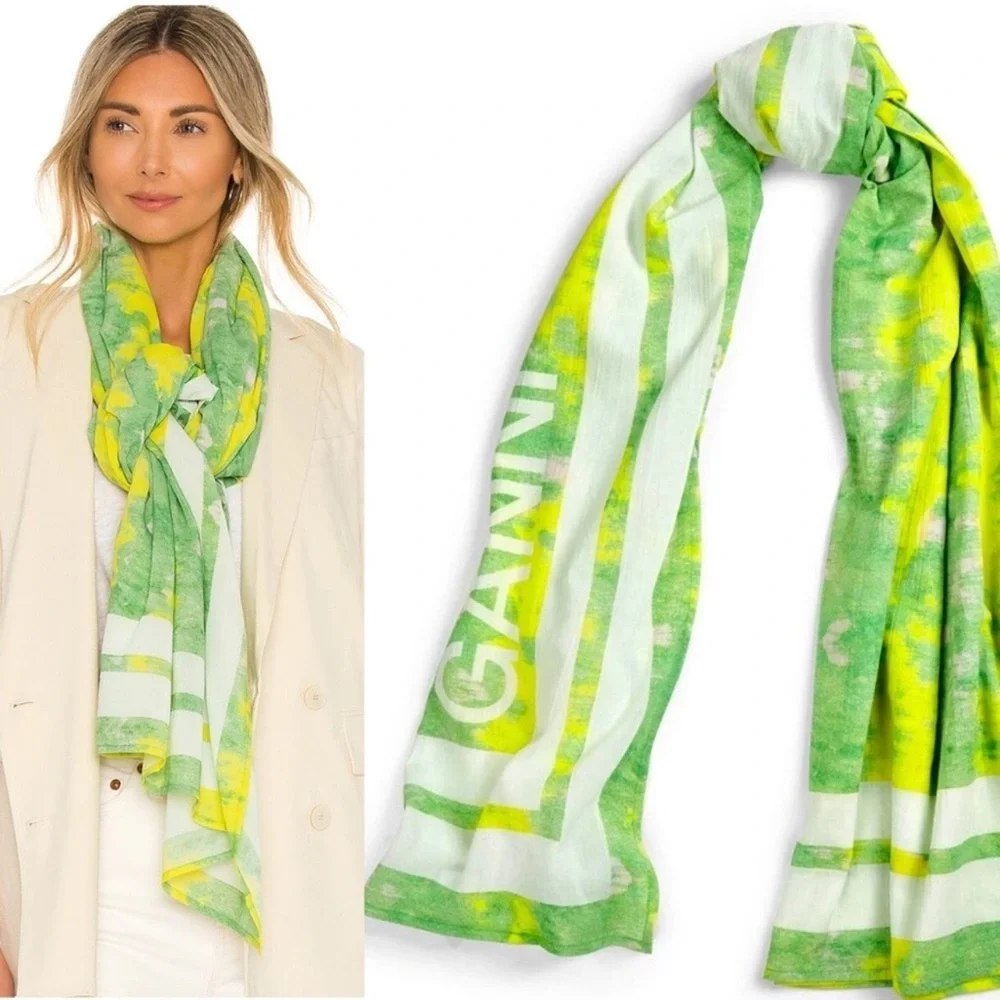 NWT Ganni Tie-dye Voile Scarf organic cotton green and yellow​